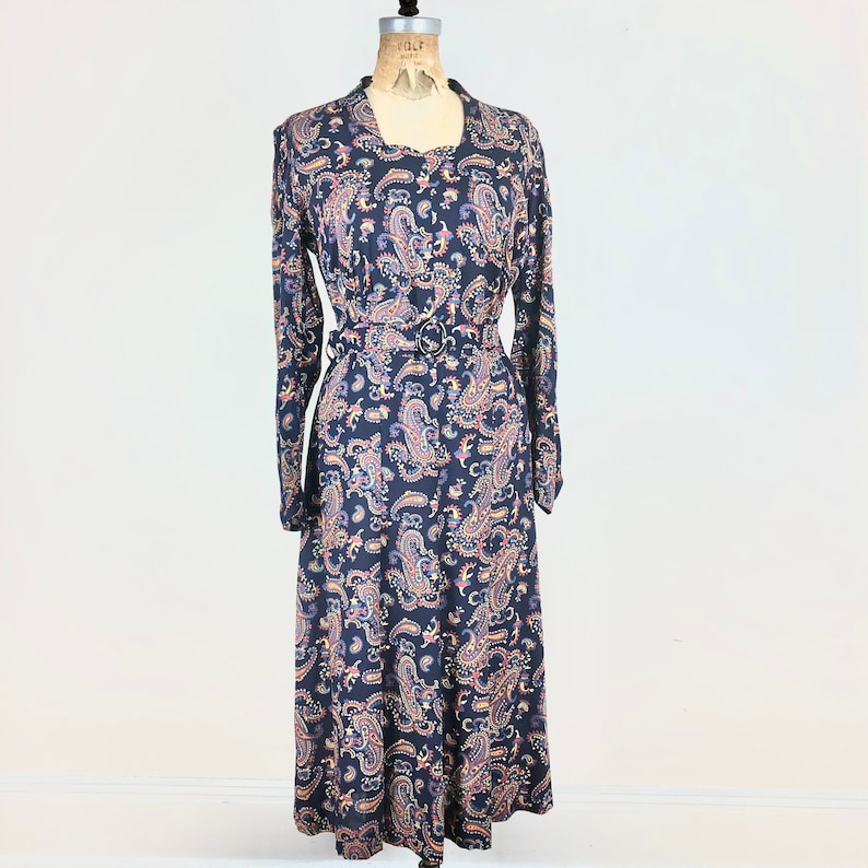 1930s Navy Blue Paisley Cotton Belted Dress M image 1