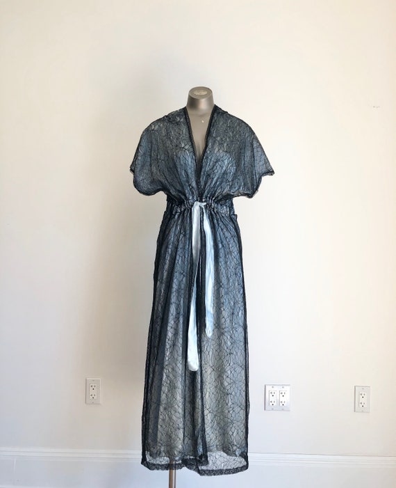 1960s Black Lace Blue Satin Peignoir Panty Set S M
