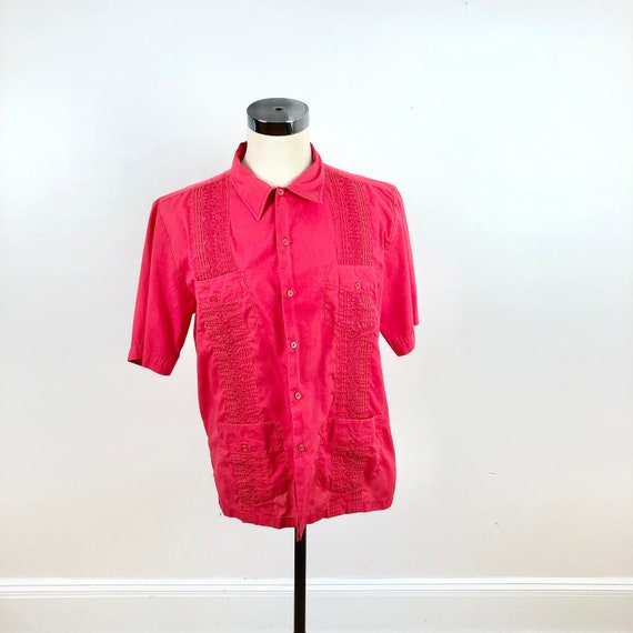 1980s Bright Red Guayabera Shirt L - image 1