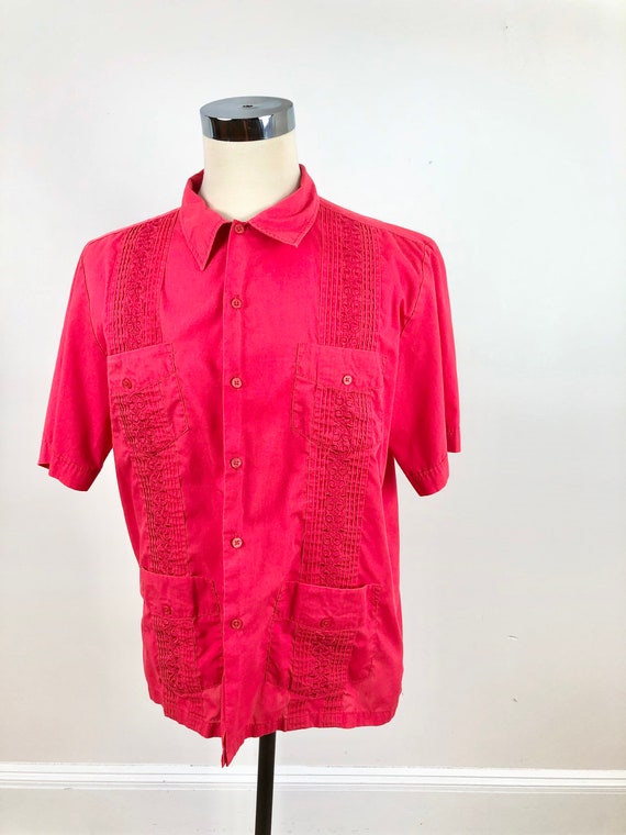 1980s Bright Red Guayabera Shirt L - image 2