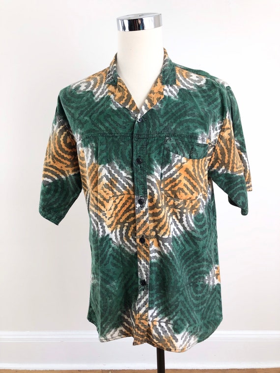 1970s Tie Dye Cotton Short Sleeve Print Shirt L - image 2