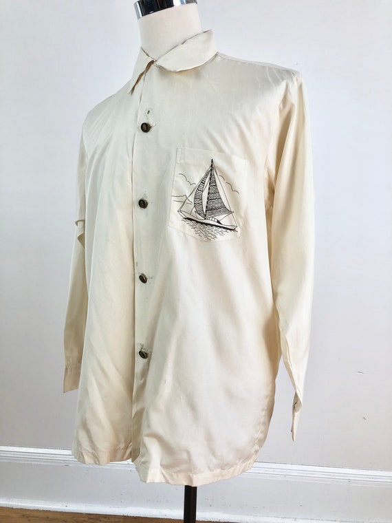 1950s Ivory Silk Sailboat Print Long Sleeve Shirt… - image 2