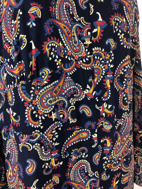 1930s Navy Blue Paisley Cotton Belted Dress M - image 5