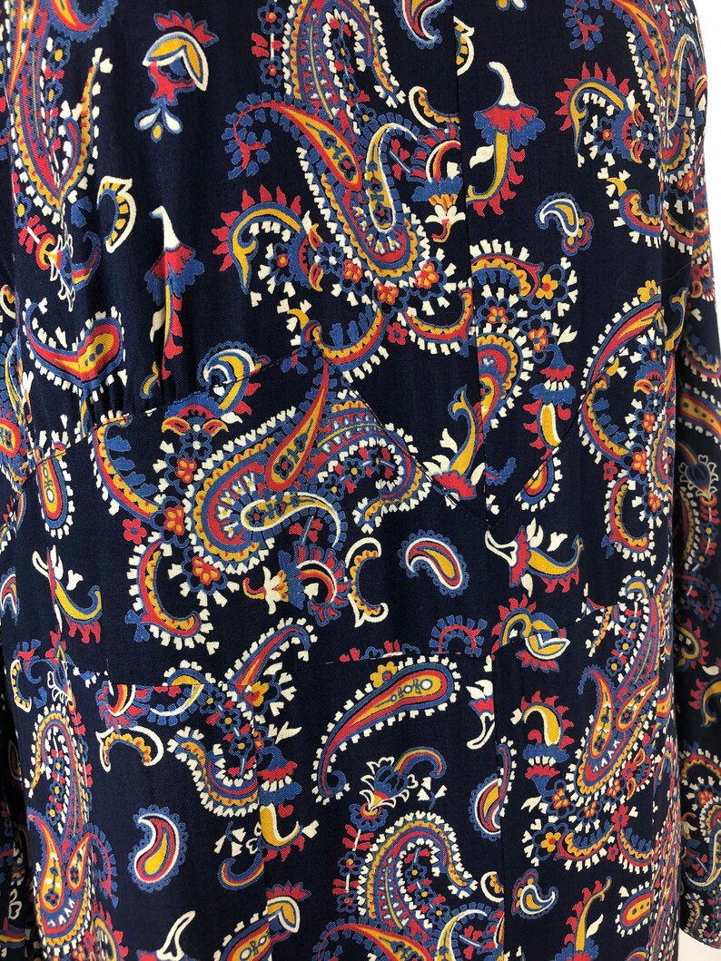 1930s Navy Blue Paisley Cotton Belted Dress M image 5