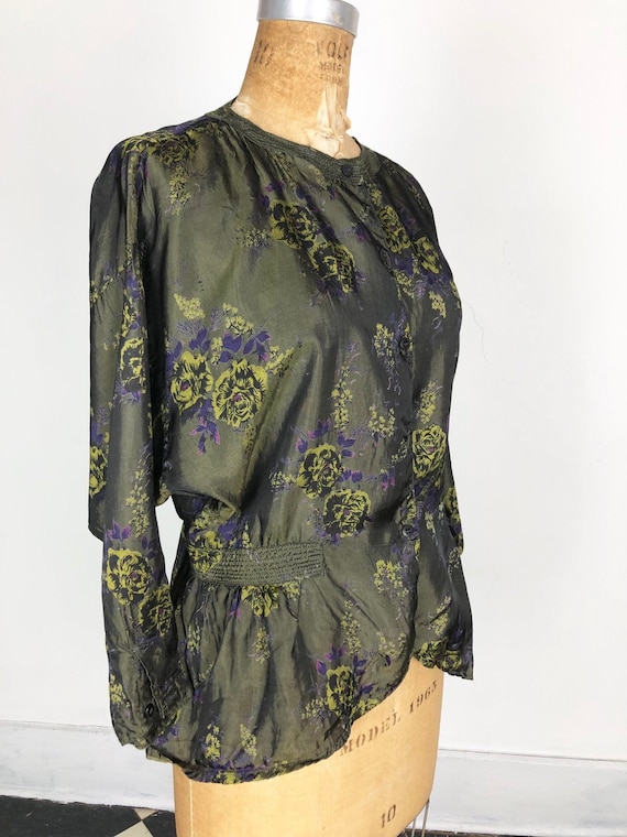 1980s Phool Dark Green Floral Rayon Blouse S M - image 1