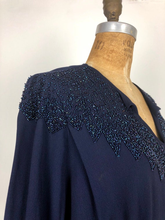 1940s Beaded Navy Rayon Crepe Dress L