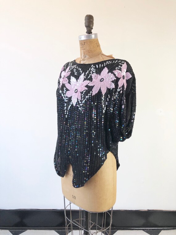 1980’s Sequined Flower Silk Blouse S - image 5