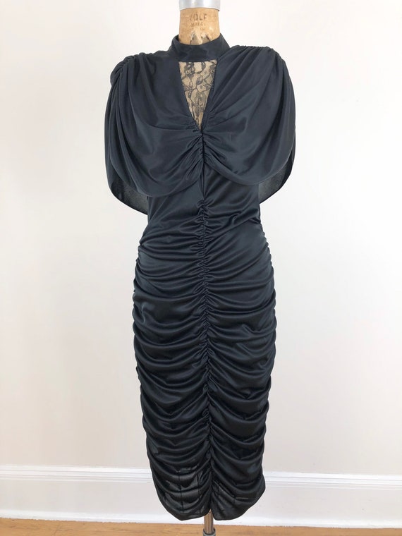 HOT! 1970s Black Ruched Body Con Lace Dress S - image 4