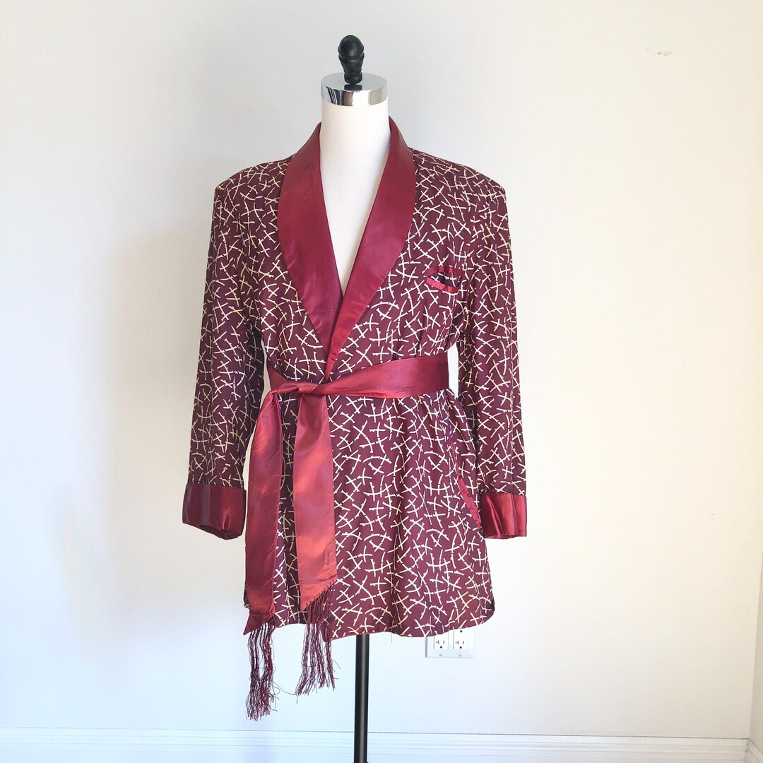 1940s Burgundy Novelty Print Rayon Smoking Jacket L - Etsy