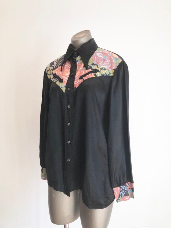 AMAZING 1970s Black Satin Western Shirt w/ Floral