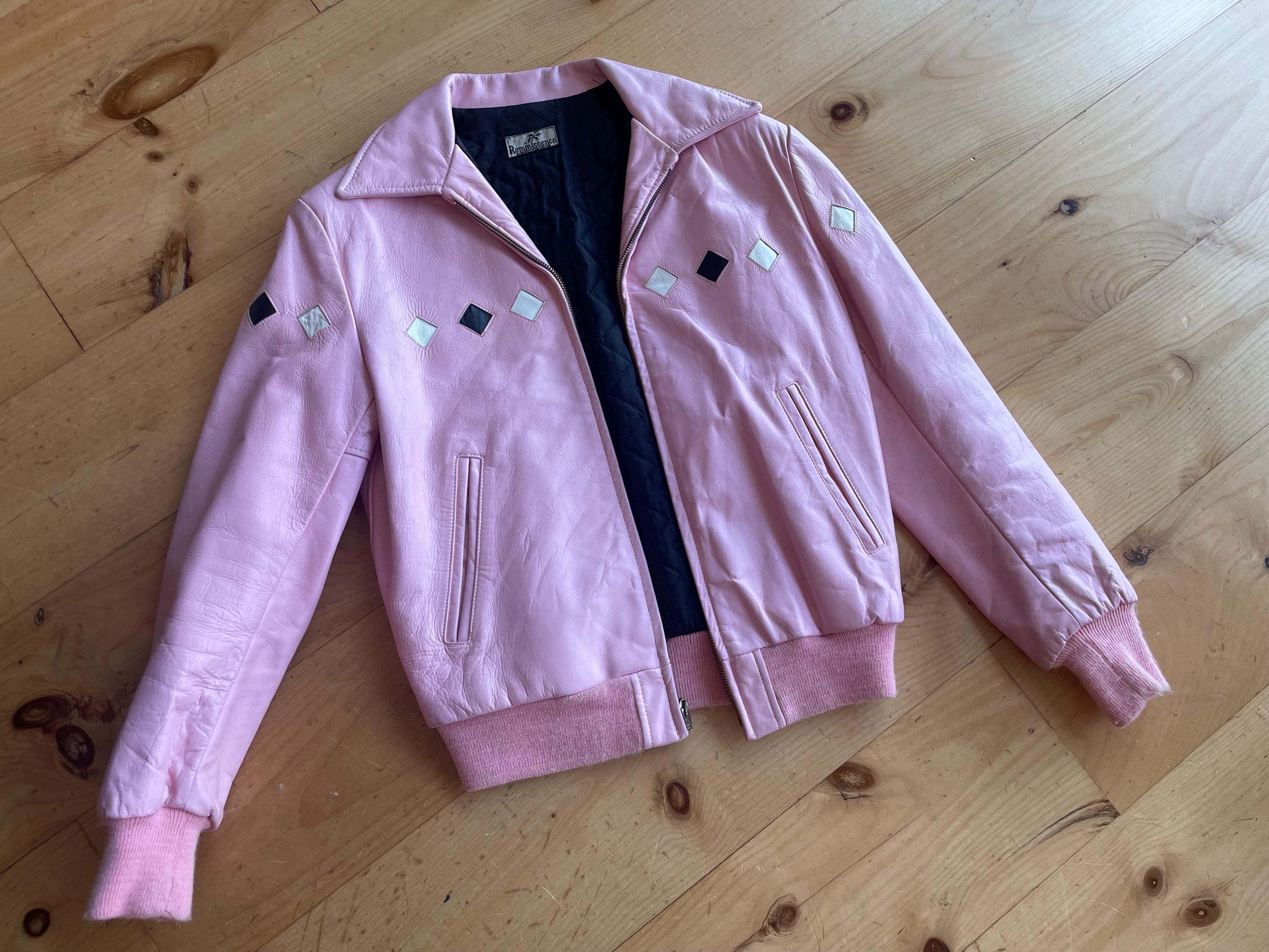 Vintage 1980s Reminiscence Pink Leather Diamond Bomber Jacket S 38