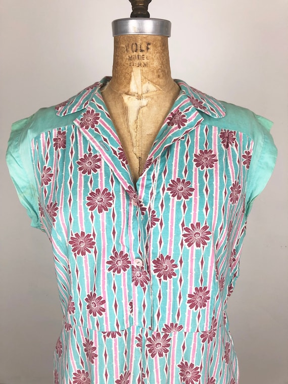 SWEETEST 1930’s Teal and Pink Floral Cotton Shirt… - image 3