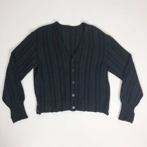 1950s Blue Black Striped Alpaca Cardigan Sweater M