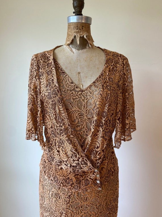 Amazing 1930s Copper Lace Maxi Dress with Jacket M - image 3