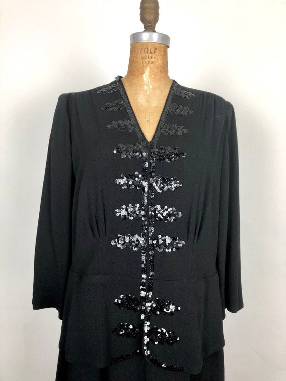 1940s Black Rayon Crepe Peplum Dress W/ Sequins L - image 1