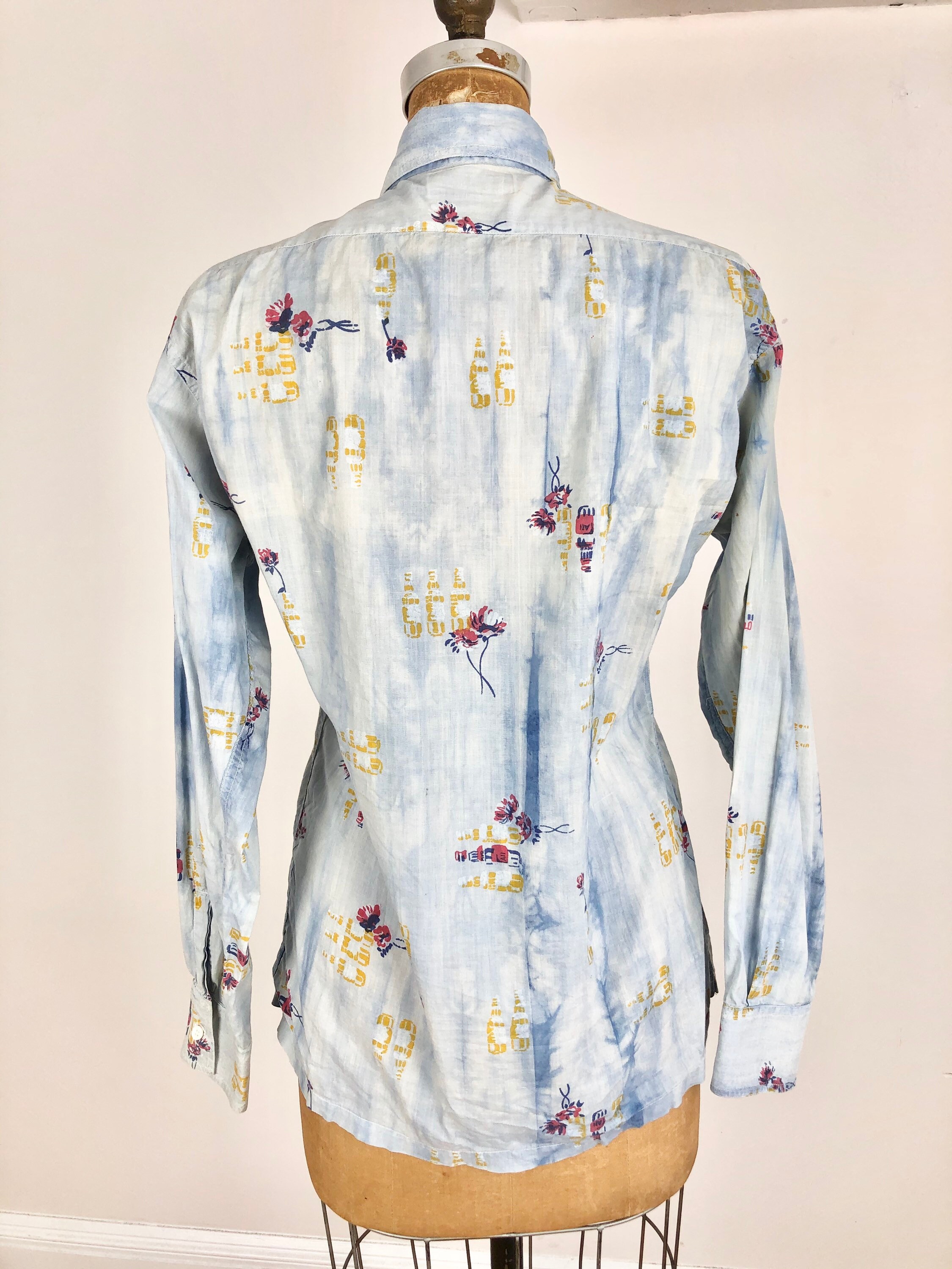 1970s Countess Mara Tropical Blue Tie Dye Cotton Print Shirt S Etsy