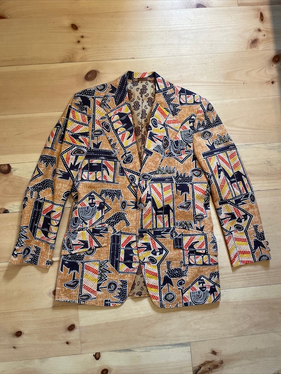1960s Andy Mohan Hawaiian Bark Cloth Print Suit J… - image 1
