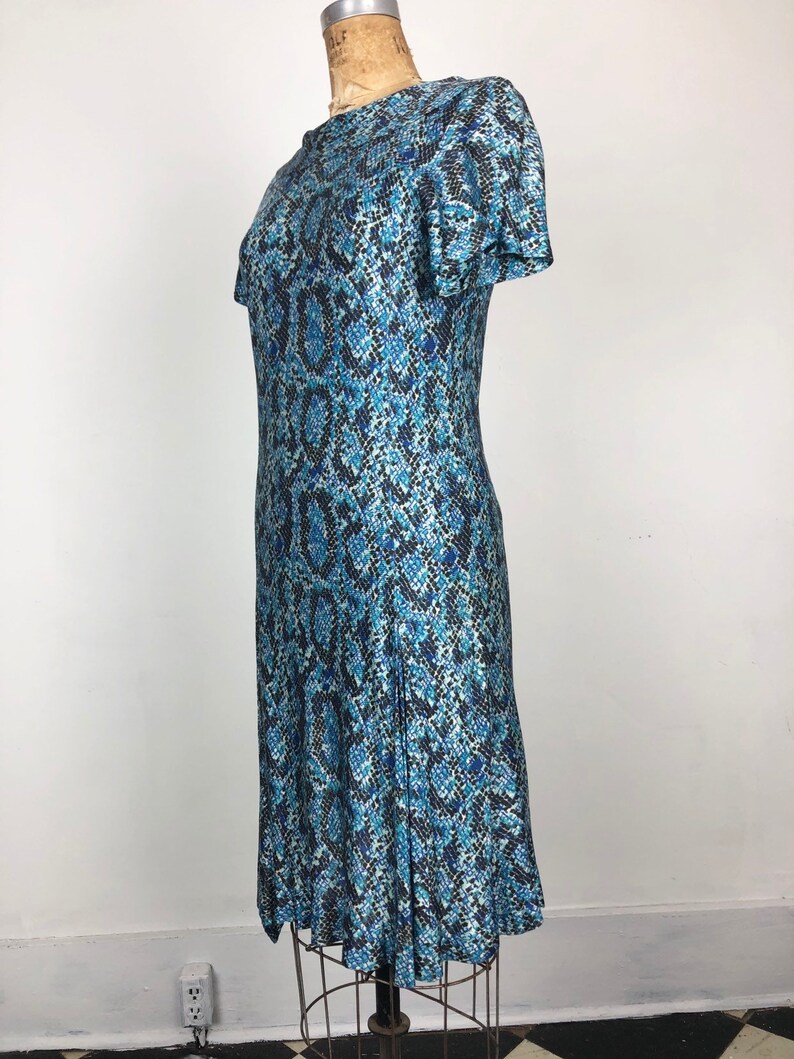 KILLER 1960s Blue Snakeskin Print Nylon Jersey Dress M