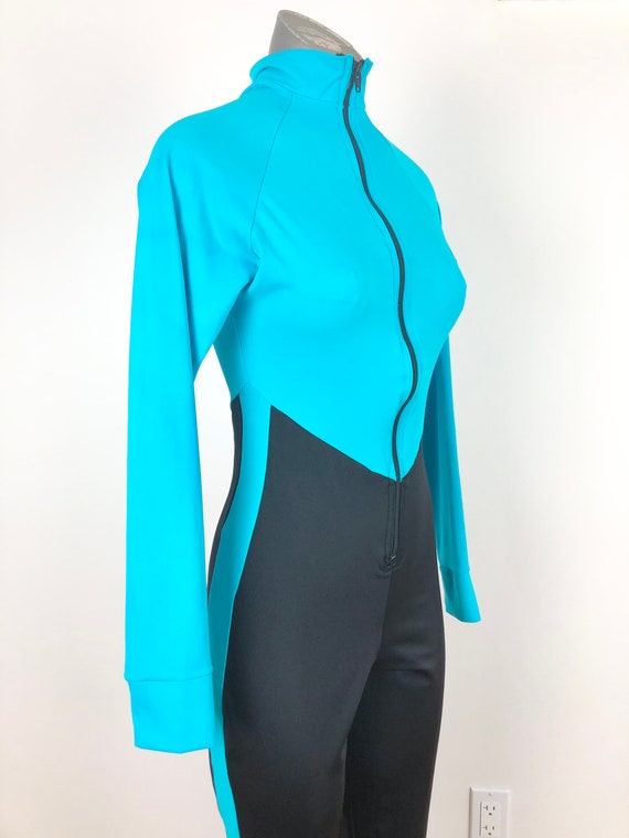 1980s Turquoise and Black Stirrup Spandex Catsuit… - image 3