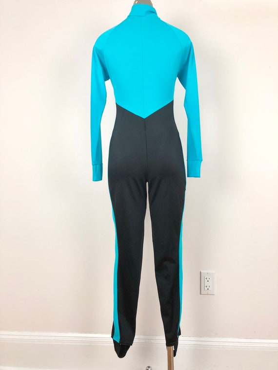 1980s Turquoise and Black Stirrup Spandex Catsuit… - image 4