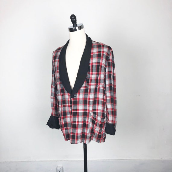 1940s Plaid Rayon Smoking Jacket M