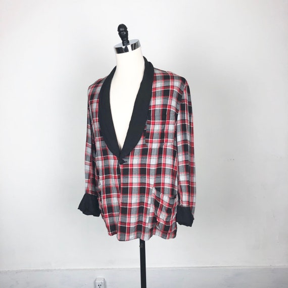 1940s Plaid Rayon Smoking Jacket M - image 1