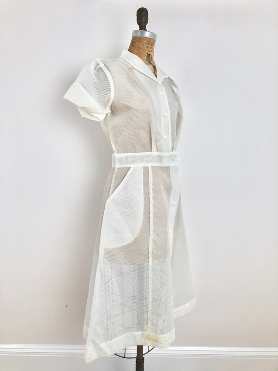 1950s Sheer White Nylon Seersucker Nurse Dress S