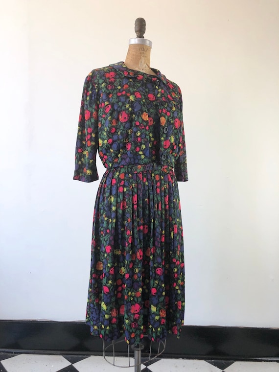 CUTE 1960s Floral Belted Two Piece Dress Set M