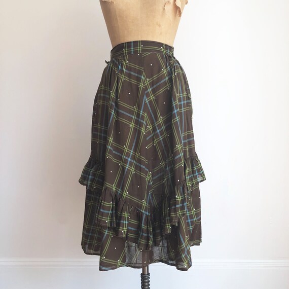 1940s Brown Plaid Cotton Voile Ruffle Skirt S