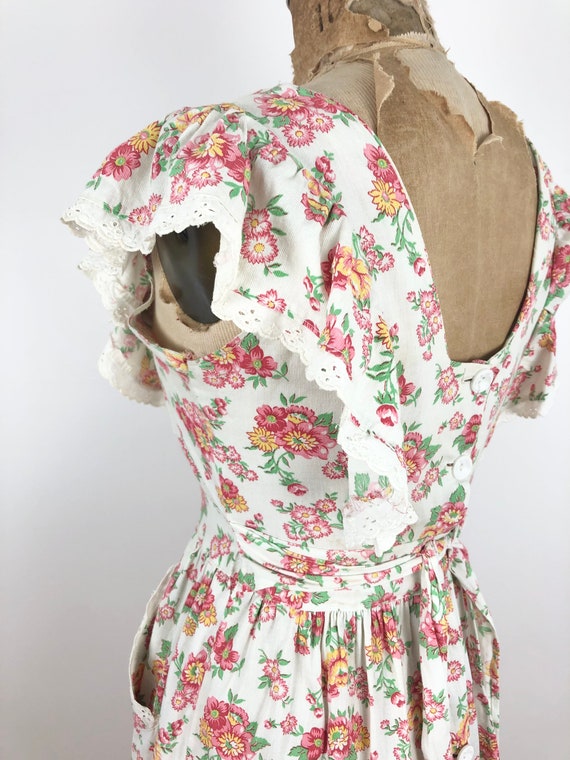 1930s Floral Cotton Pinafore Style Dress S - image 6