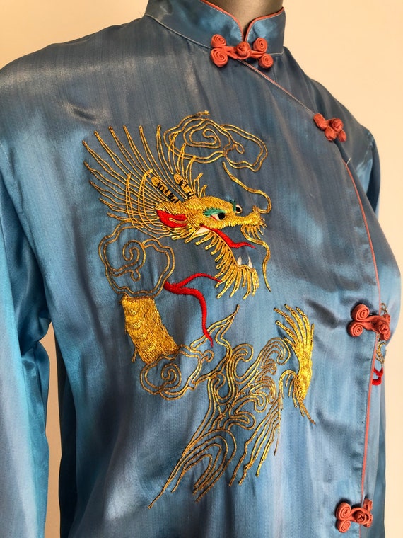1940s Blue Satin Embroidered Dragon Pajama Set M - image 4