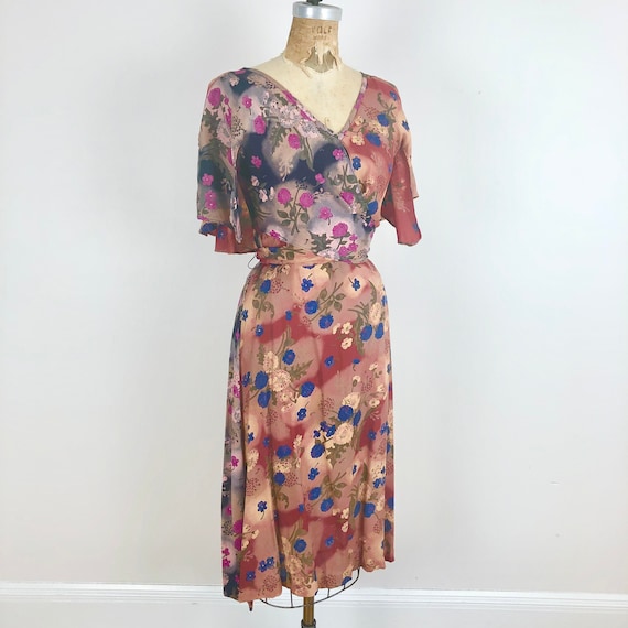 1970s Two Tone Flutter Sleeve Wrap Front Floral R… - image 1