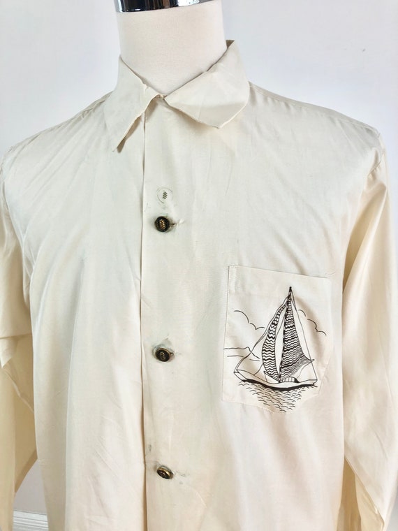 1950s Ivory Silk Sailboat Print Long Sleeve Shirt… - image 5