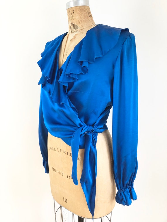 1980s Romantic Blue Silk Ruffle Wrap Blouse S