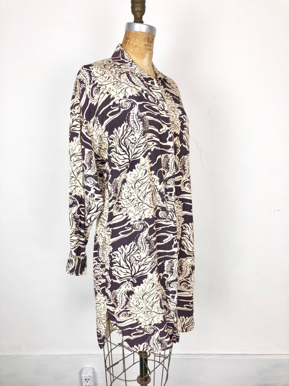 80s Norma Kamali Seahorse Print Rayon Shirt Dress