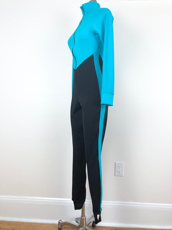 1980s Turquoise and Black Stirrup Spandex Catsuit… - image 2