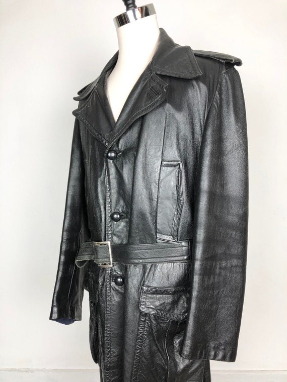 70s Black Leather Belted Trench Coat XL