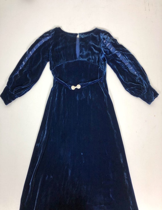 1930s Blue Silk Velvet Belted Art Deco Gown W/ In… - image 5