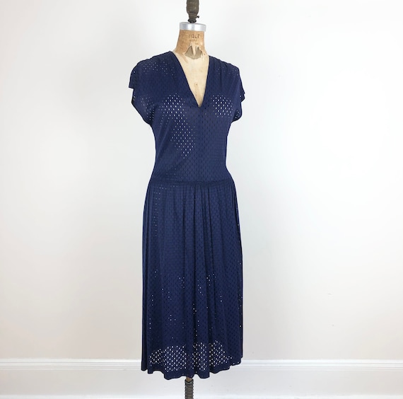 1940s Navy Blue Mesh Cap Sleeve Dress M - image 1