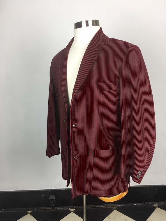 1950s Red and Black Striped Velvet Dinner Jacket L