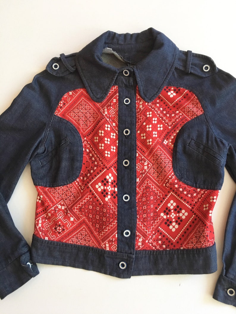 ADORABLE 70's Denim Red Bandana Jacket M | Etsy