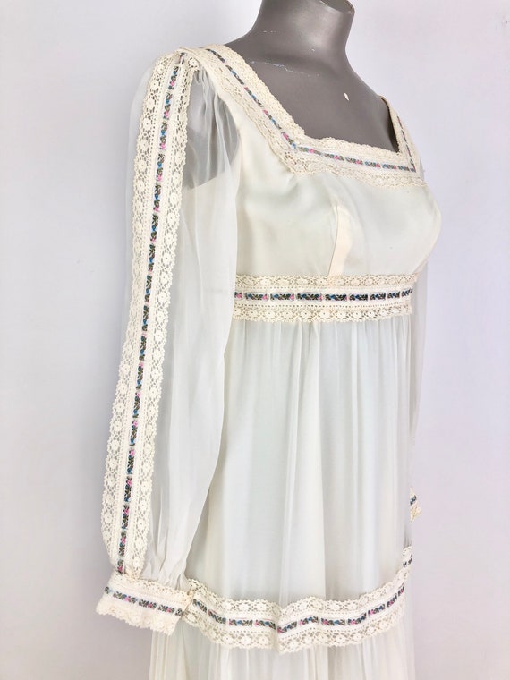 Amazing 1970s White Chiffon Lace Tiered Maxi Dres… - image 3