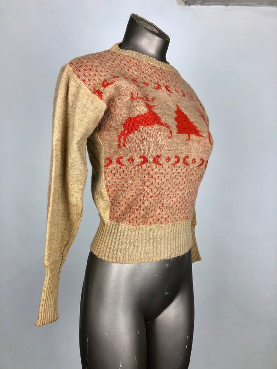 1940s Reindeer Intarsia Wool Ski Sweater S