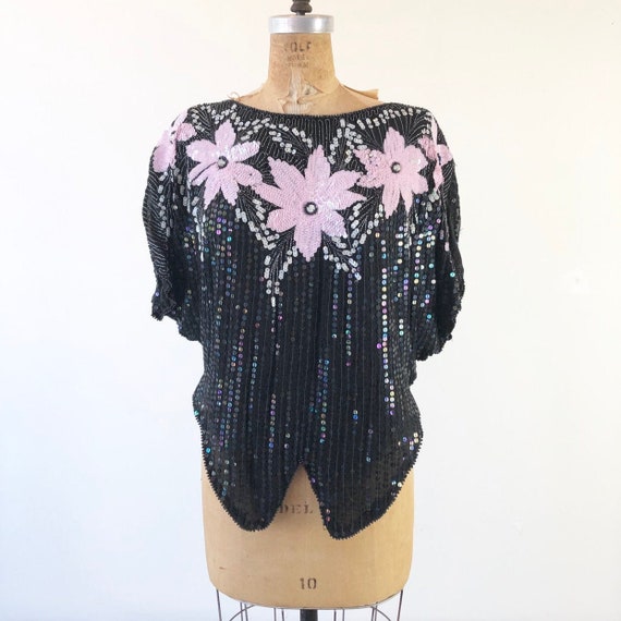 1980’s Sequined Flower Silk Blouse S - image 1