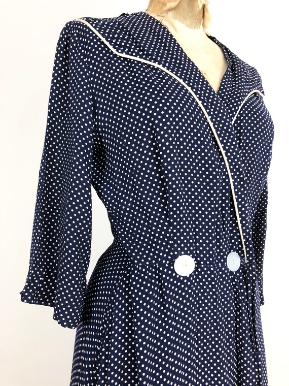 1940s Navy Blue Polka Dot Rayon Dressing Gown Max… - image 3