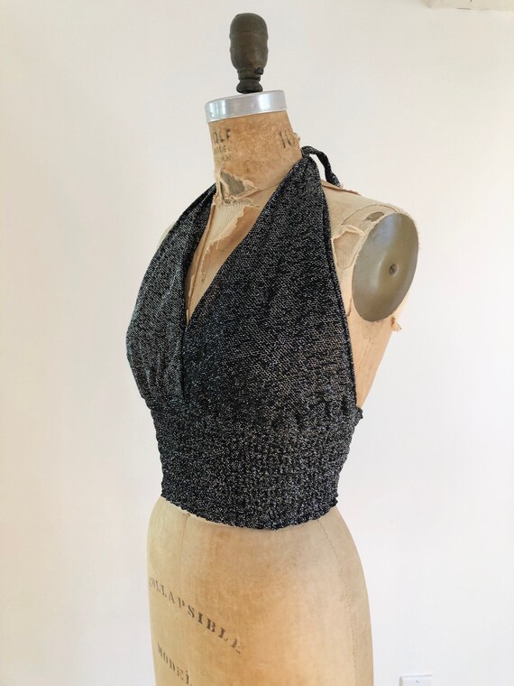 Deadstock 1970s Lurex Black and Silver Halter Top