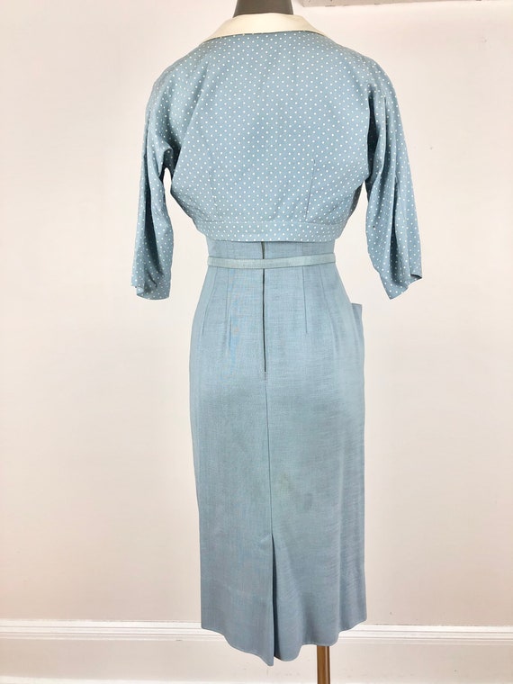 1950s Blue Linen Polka Dot Cotton Wiggle Dress Se… - image 7
