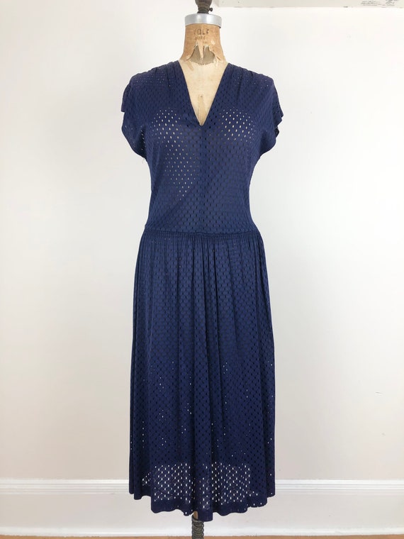 1940s Navy Blue Mesh Cap Sleeve Dress M - image 3