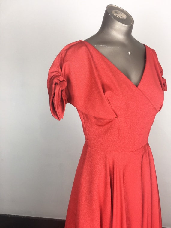 CHERRY 1950s Red Taffeta Bow Sleeve Party Dress S - image 3