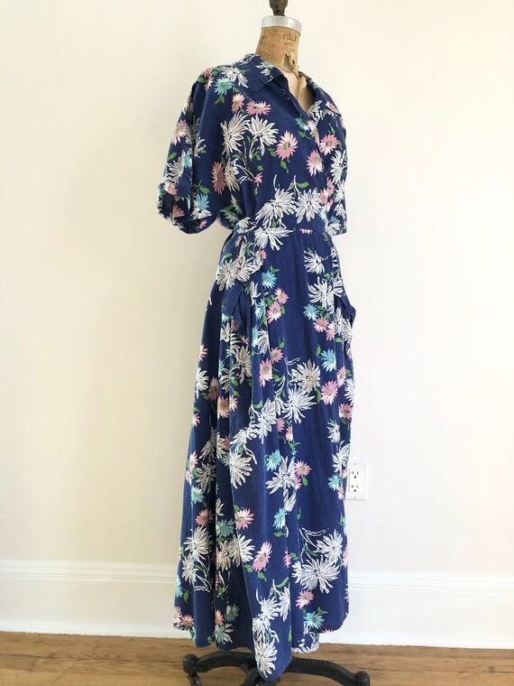 1940’s Floral Navy Seersucker Cotton Wrap Dressing